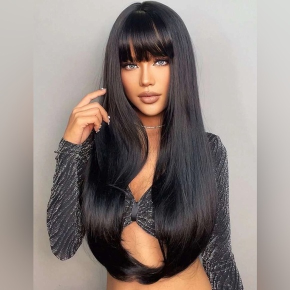 33 Inch Long Black Wig With Bangs Thick beautiful Hair - Picture 8 of 11